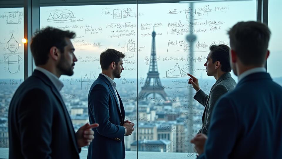 Une équipe de chercheurs quantitatifs en plein brainstorming devant un tableau blanc rempli d'équations complexes et de schémas de marché. Ambiance collaborative, projecteur illuminant le tableau.