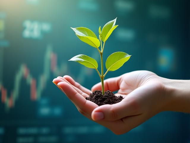 Main tenant une petite plante au-dessus d'un graphique financier, symbolisant l'investissement durable ESG