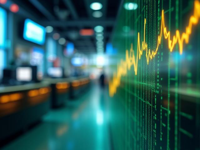 Graphique boursier vert ascendant sur fond flou d'une salle des marchés