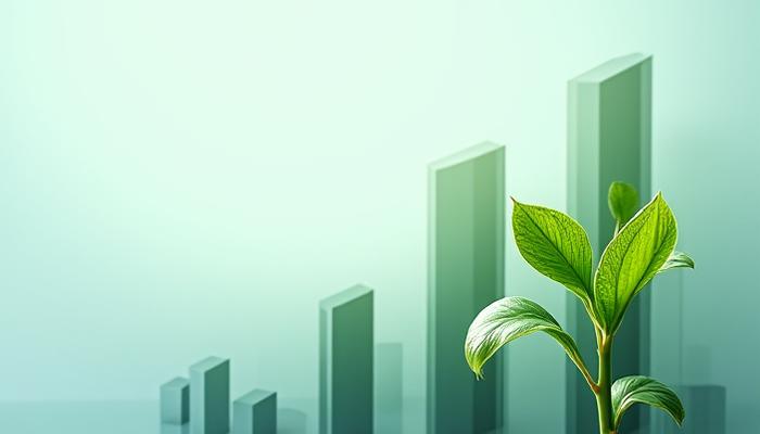 Bâtiments modernes sur une feuille verte, représentant l'intégration ESG dans la finance