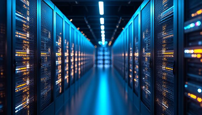 Détail de câbles réseau lumineux dans un data center, symbolisant le trading haute fréquence et la rapidité.