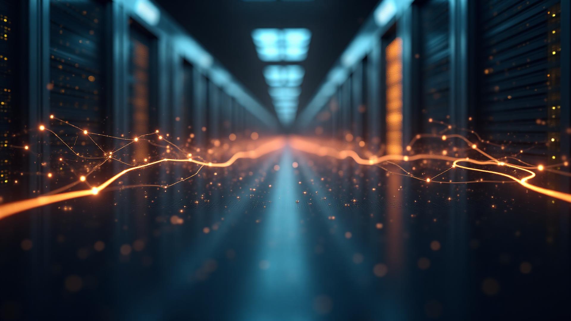 Abstraction de fibres optiques lumineuses et de serveurs de co-localisation symbolisant la vitesse et la précision du HFT.